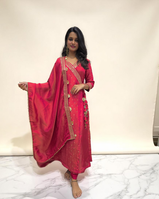 pure shimmer Red Anarkali Suit Set