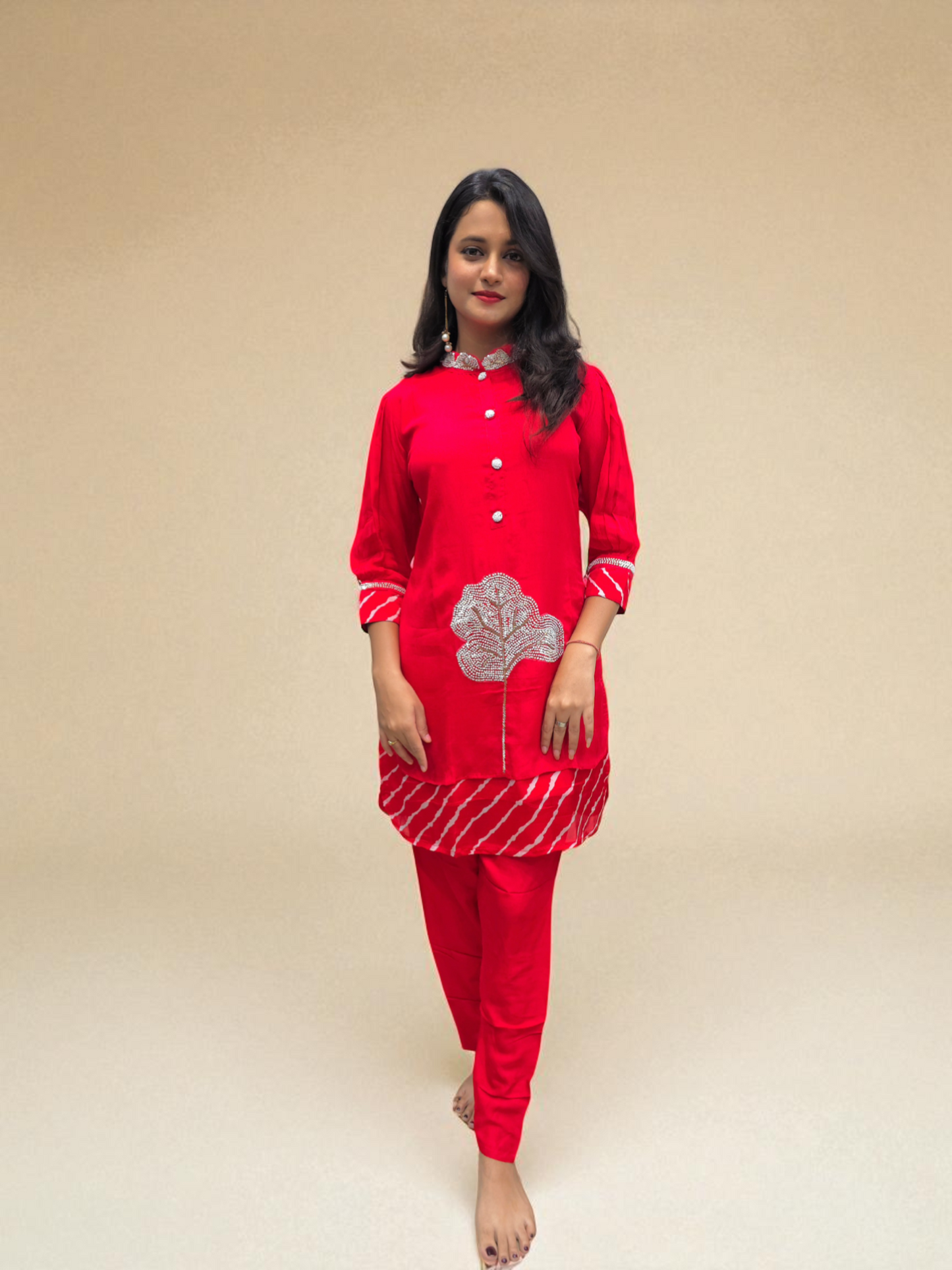 Red co-ord set for women featuring leheriya print and embroidered kurti – perfect festive outfit from Ambika Boutique