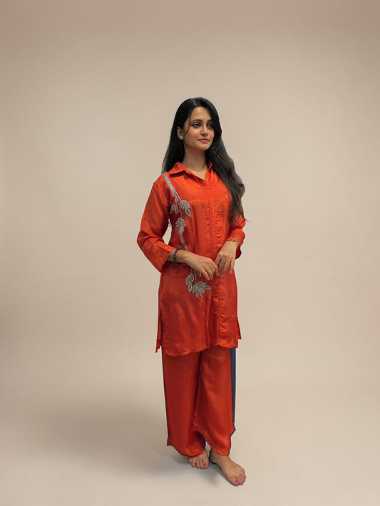 Rust orange embroidered cord set for women festive wear
