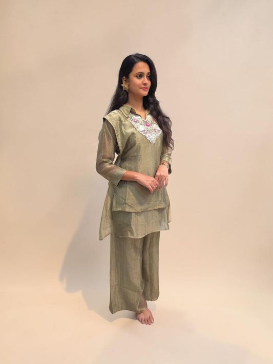 Sage green glass tissue co-ord set with handcrafted embroidery for women