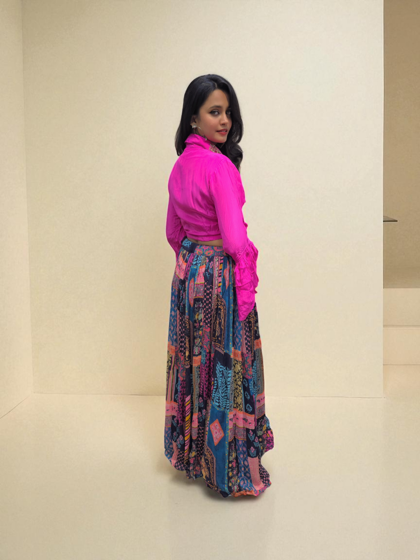 Side Pose in Pink Crop Top and Printed Skirt – Designer Indo-Western Outfit for Women | Ambika Boutique
