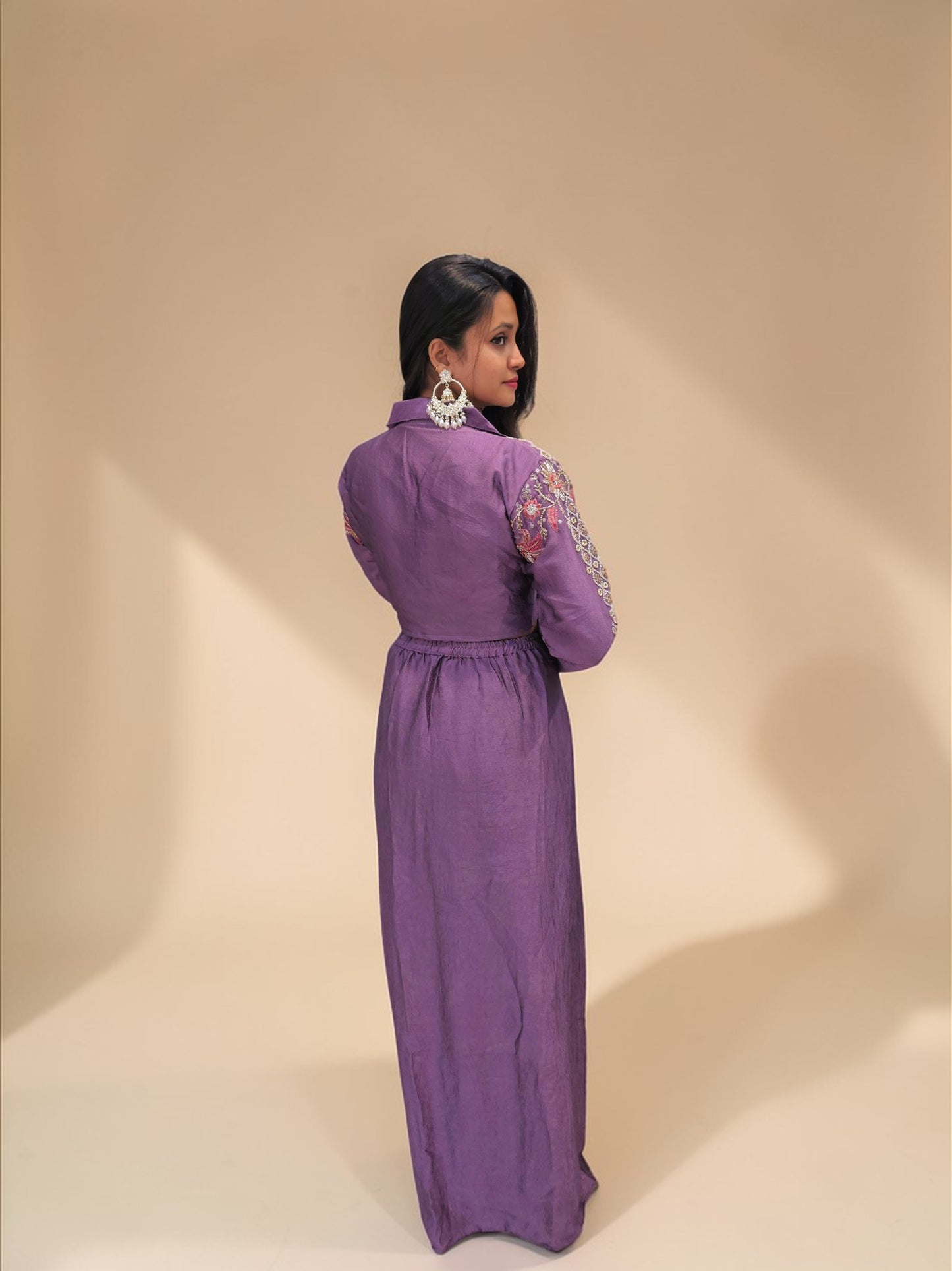 Elegant purple indo western crop top skirt ensemble