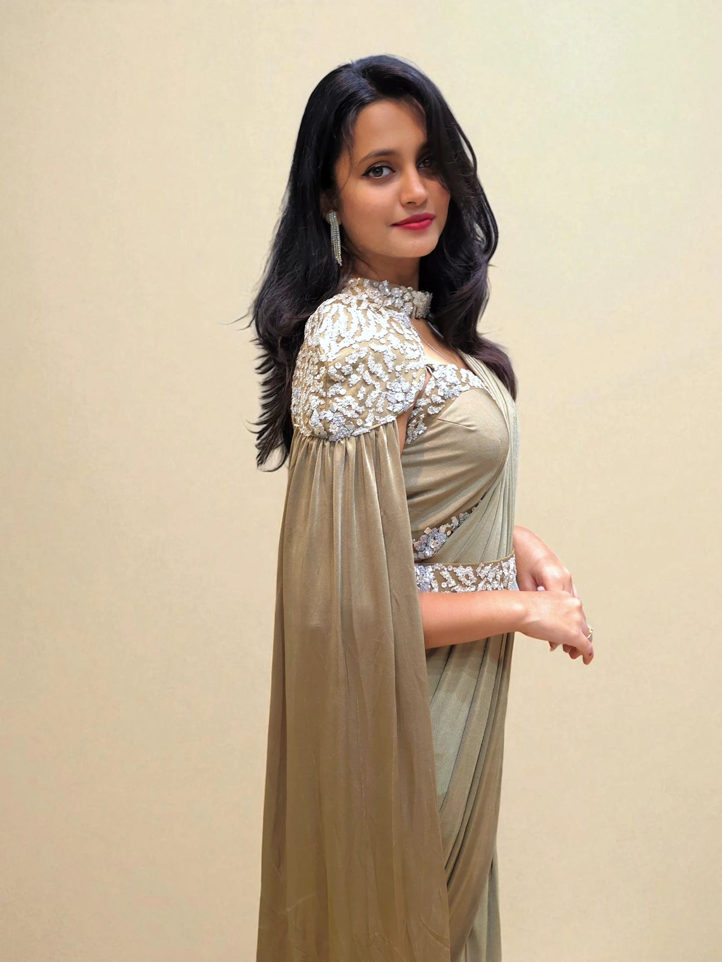 Stylish Indo-Western gold saree dress for festive occasions