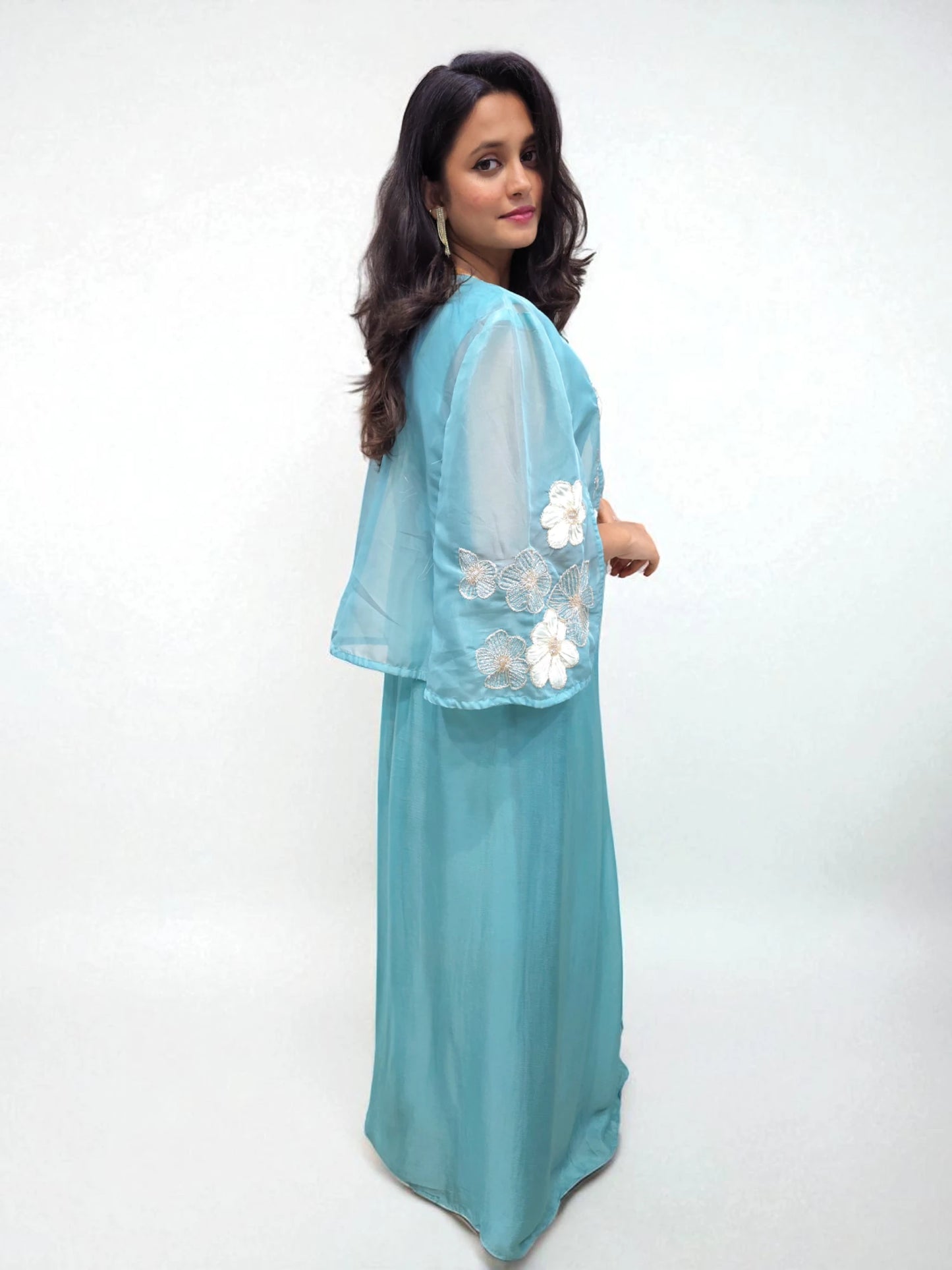 Stylish women’s blue ethnic outfit with applique handwork shrug, crop top, and dhoti skirt – Ambika Boutique
