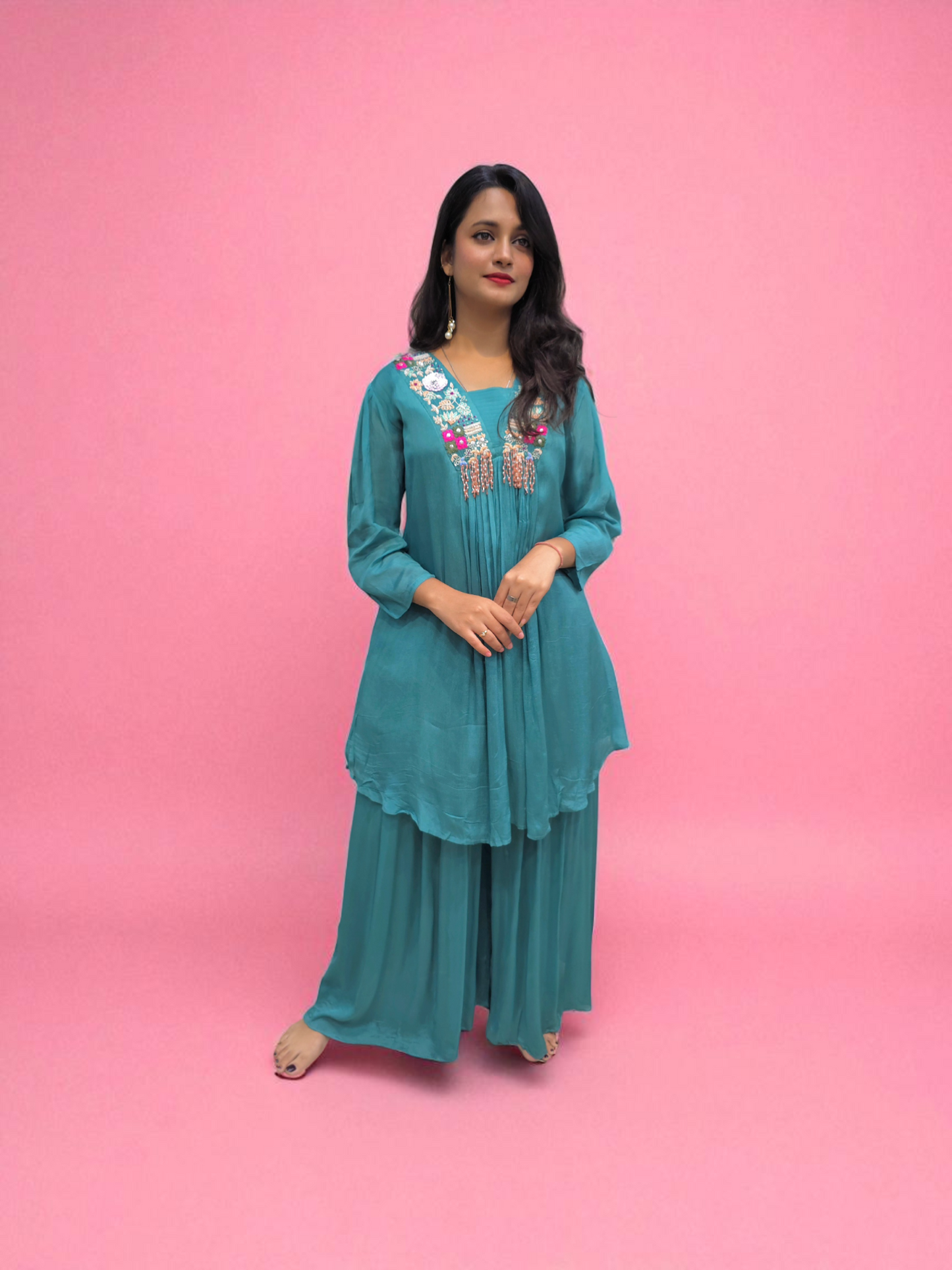 Teal embroidered Indo-Western kurta and palazzo set for women – festive ethnic outfit from Ambika Boutique