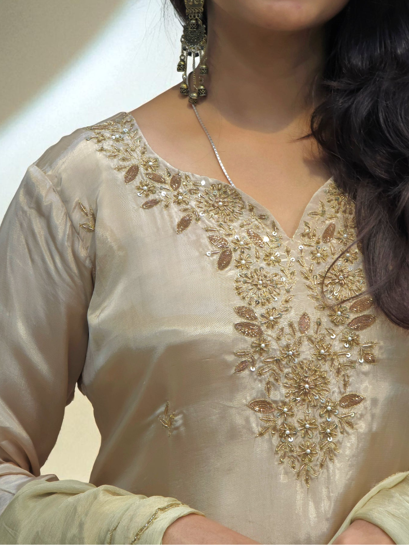 Traditional beige zardozi embroidered short kurta with chinnon dupatta