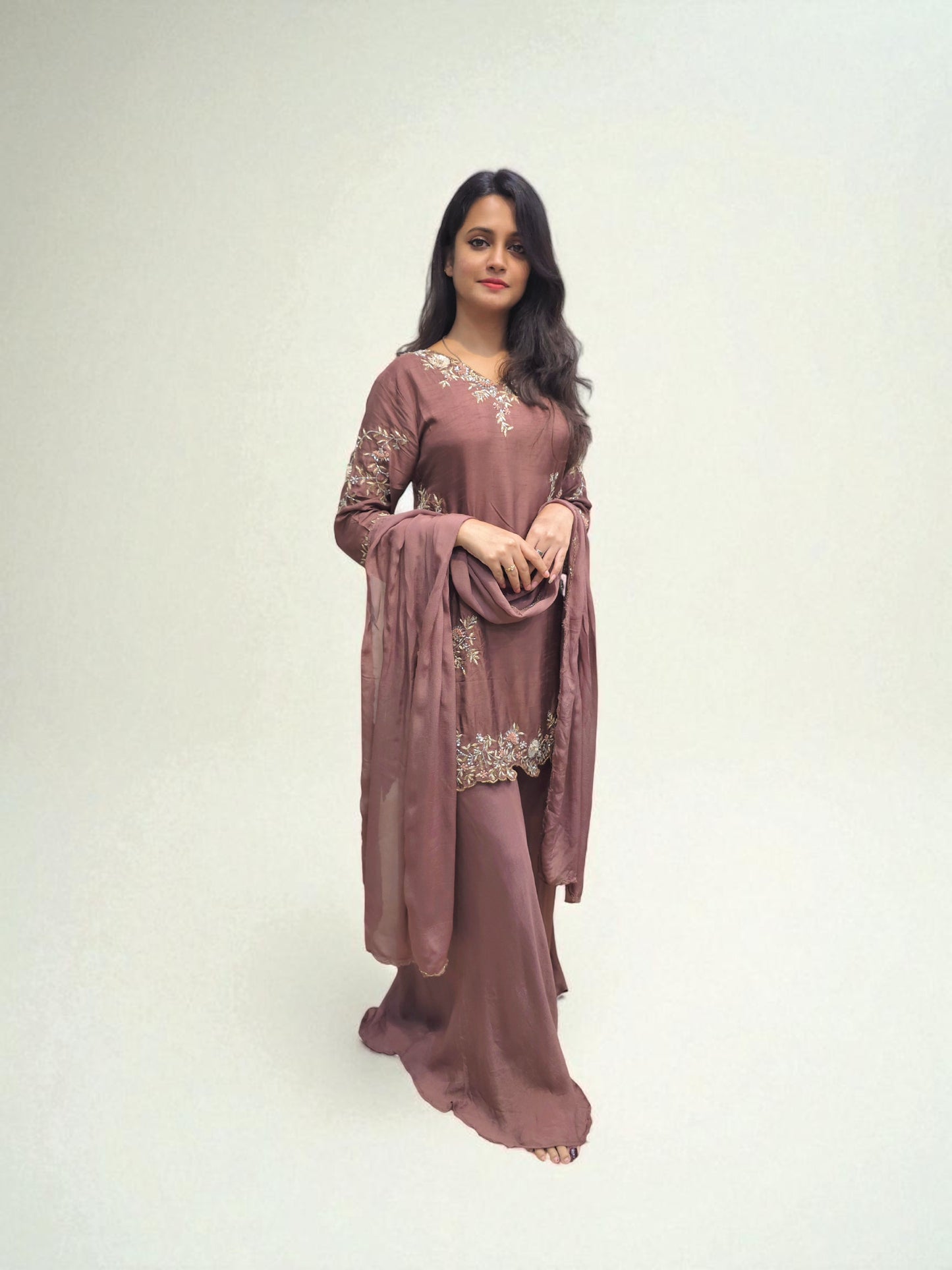 Traditional brown embroidered palazzo suit with dupatta