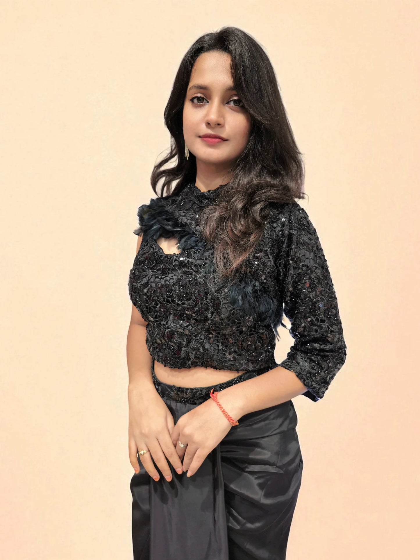 Trendy black outfit with crop top and dhoti skirt design