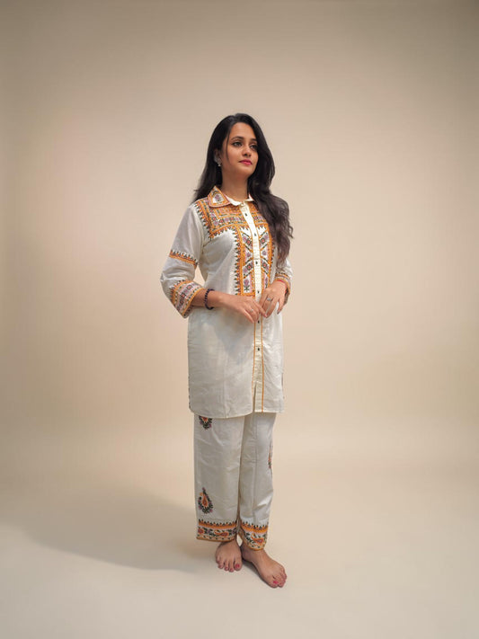 Women's white cotton co ord set with printed embroidered detailing