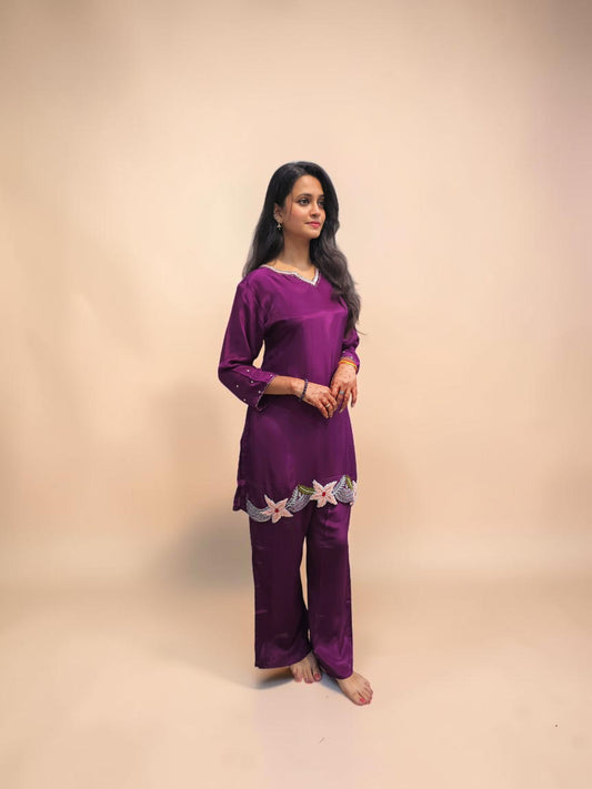 Women's wine purple embroidered co ord set with floral handwork