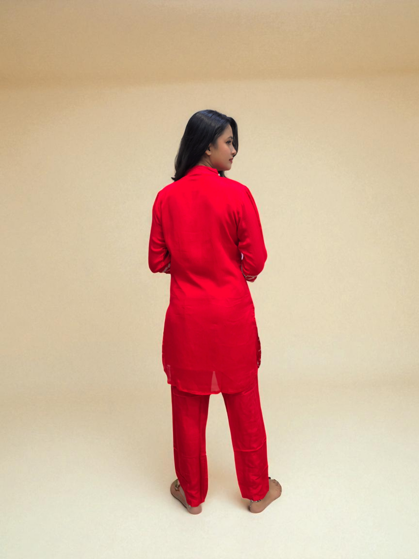 back view Red co-ord set for women featuring leheriya print and embroidered kurti – perfect festive outfit from Ambika Boutique