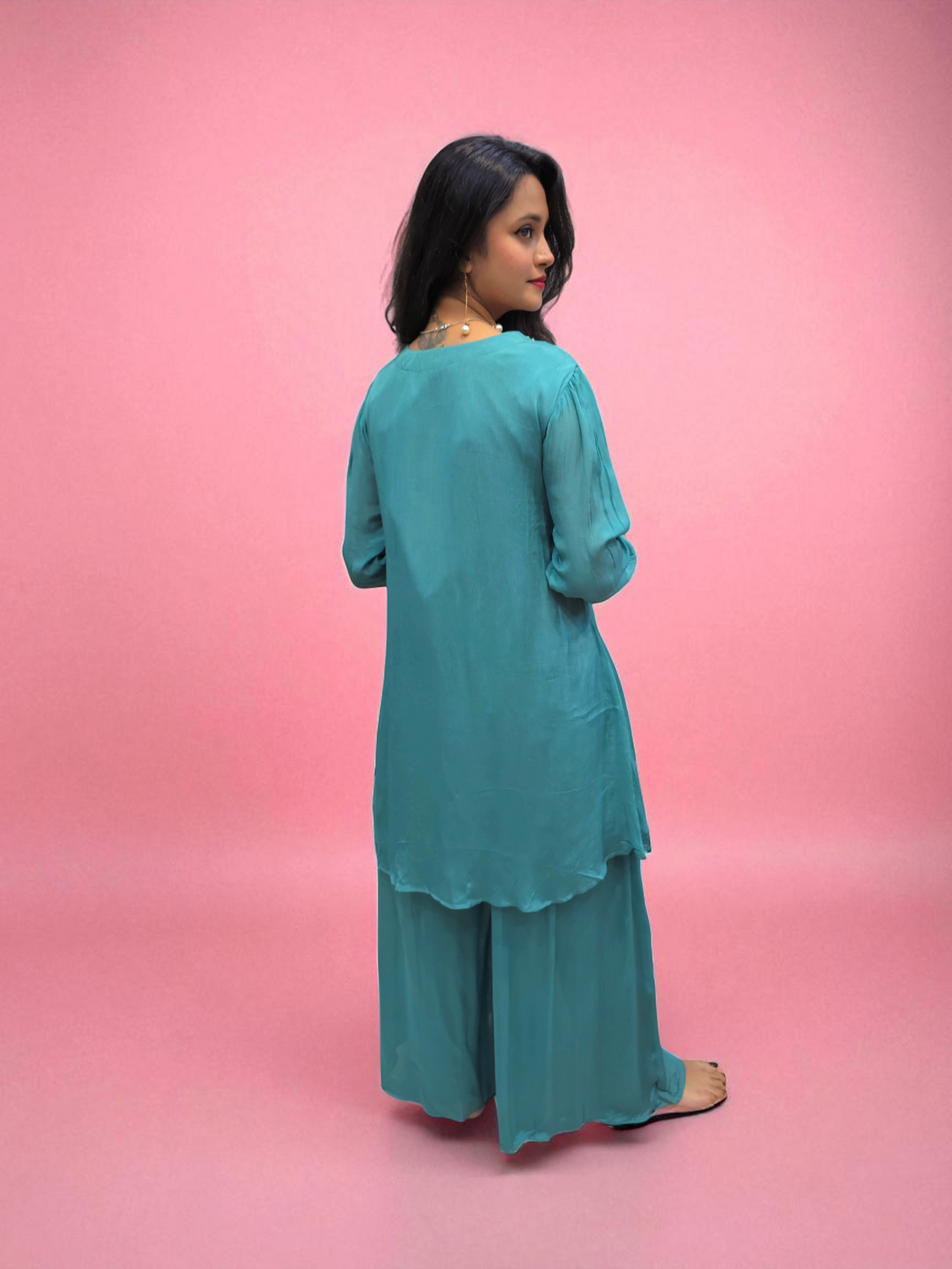 back view of Designer teal kurti set with colorful hand embroidery and palazzo– party wear Indo-Western look for women