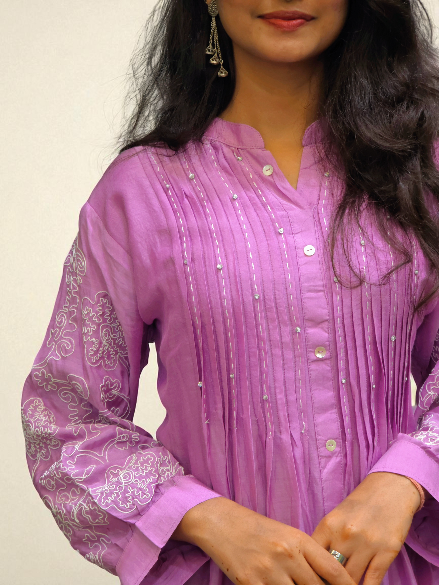 close up of Designer lavender embroidered cord set, two-piece kurta and pant set for women – Ambika Boutique ethnic wear online.