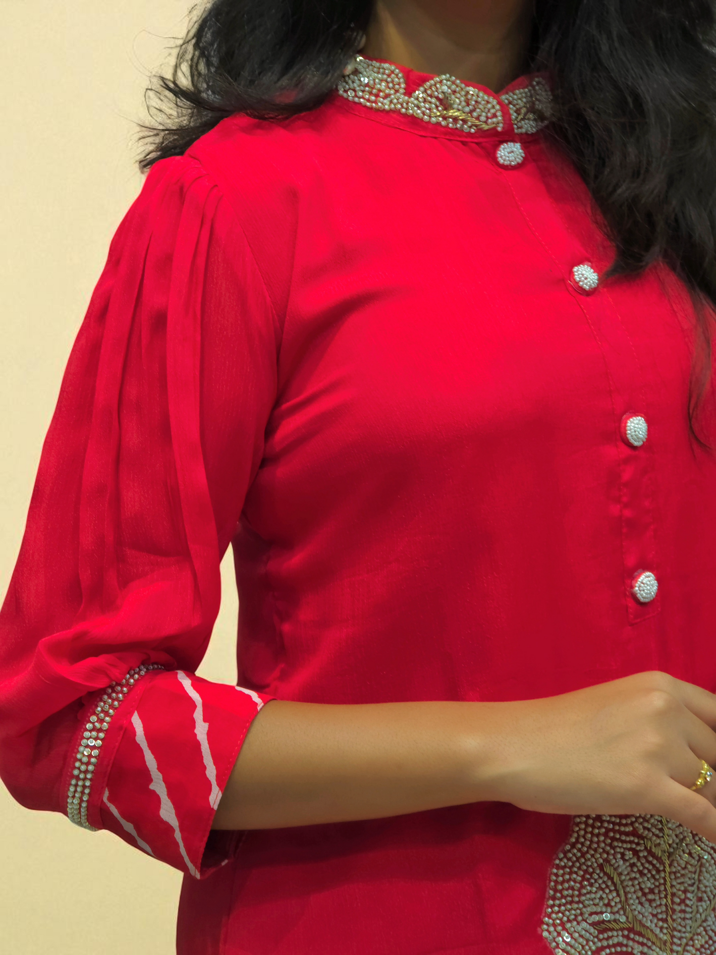 close up of Stylish red leheriya print co-ord set for women – traditional yet modern festive wear from Ambika Boutique