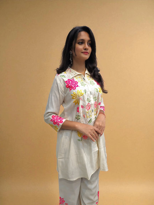 Elegant embroidered co-ord set with floral motifs in multicolor – Ambika Boutique