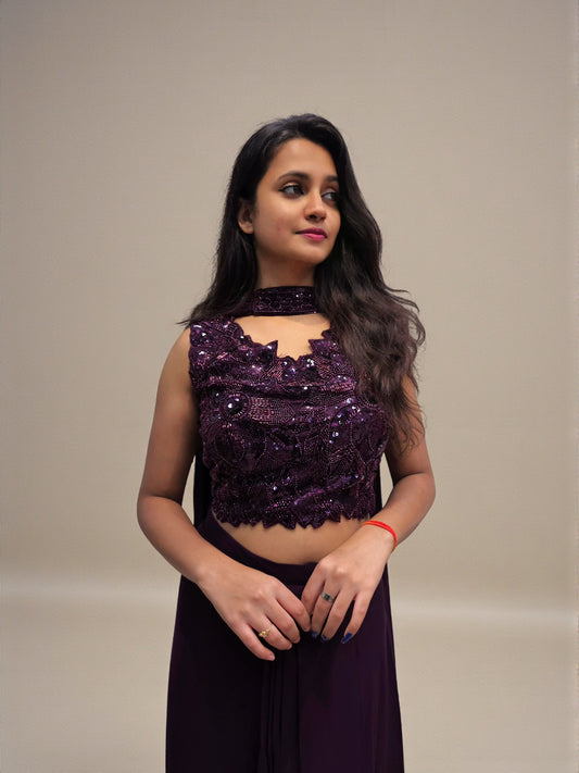 Party wear embroidered crop top dhoti skirt set for women