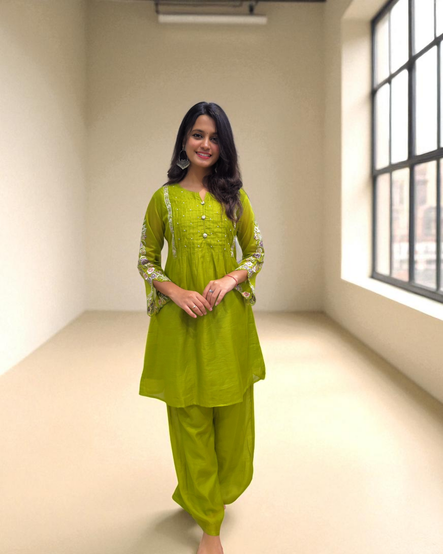 Floral Embroidery green Cord Set with Palazzo