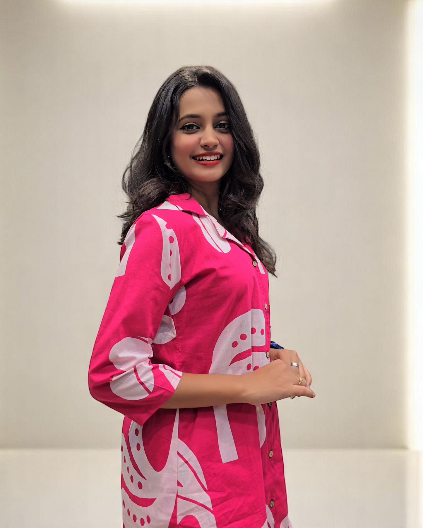 Pure cotton printed summer cord set for women in pink, perfect for office wear by Ambika Boutique.