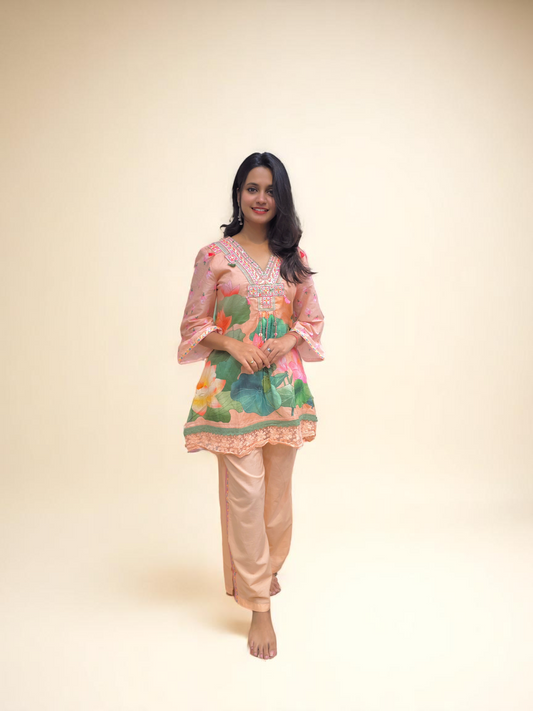 Printed Mul-Mul Cotton Co-ord Set - Peach