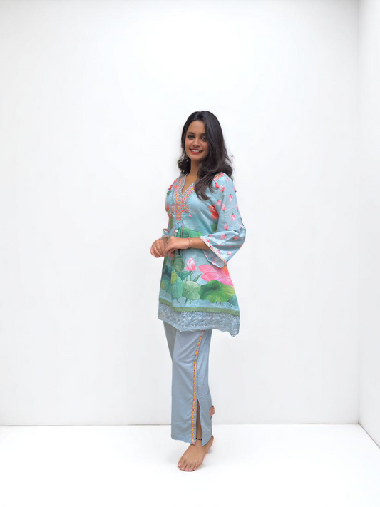 Printed Mul-Mul Cotton Co-ord Set - SkyBlue