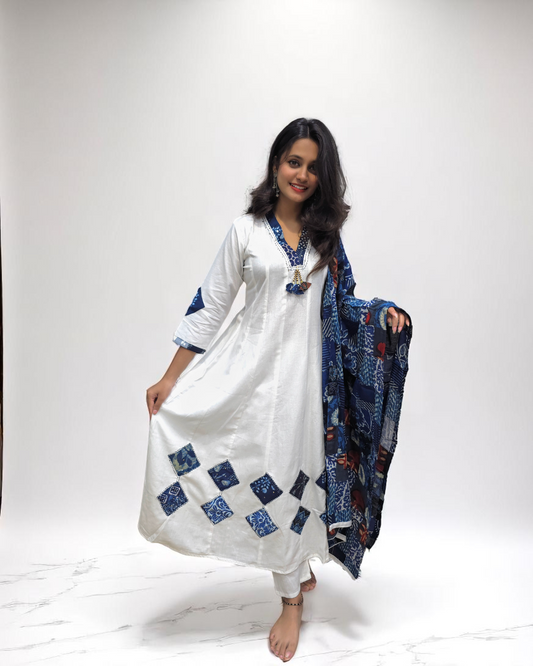Anarkali Suit Patch Work - White