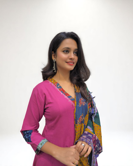 Anarkali Suit Patch Work - Pink