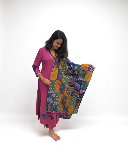 Anarkali Suit Patch Work - Pink