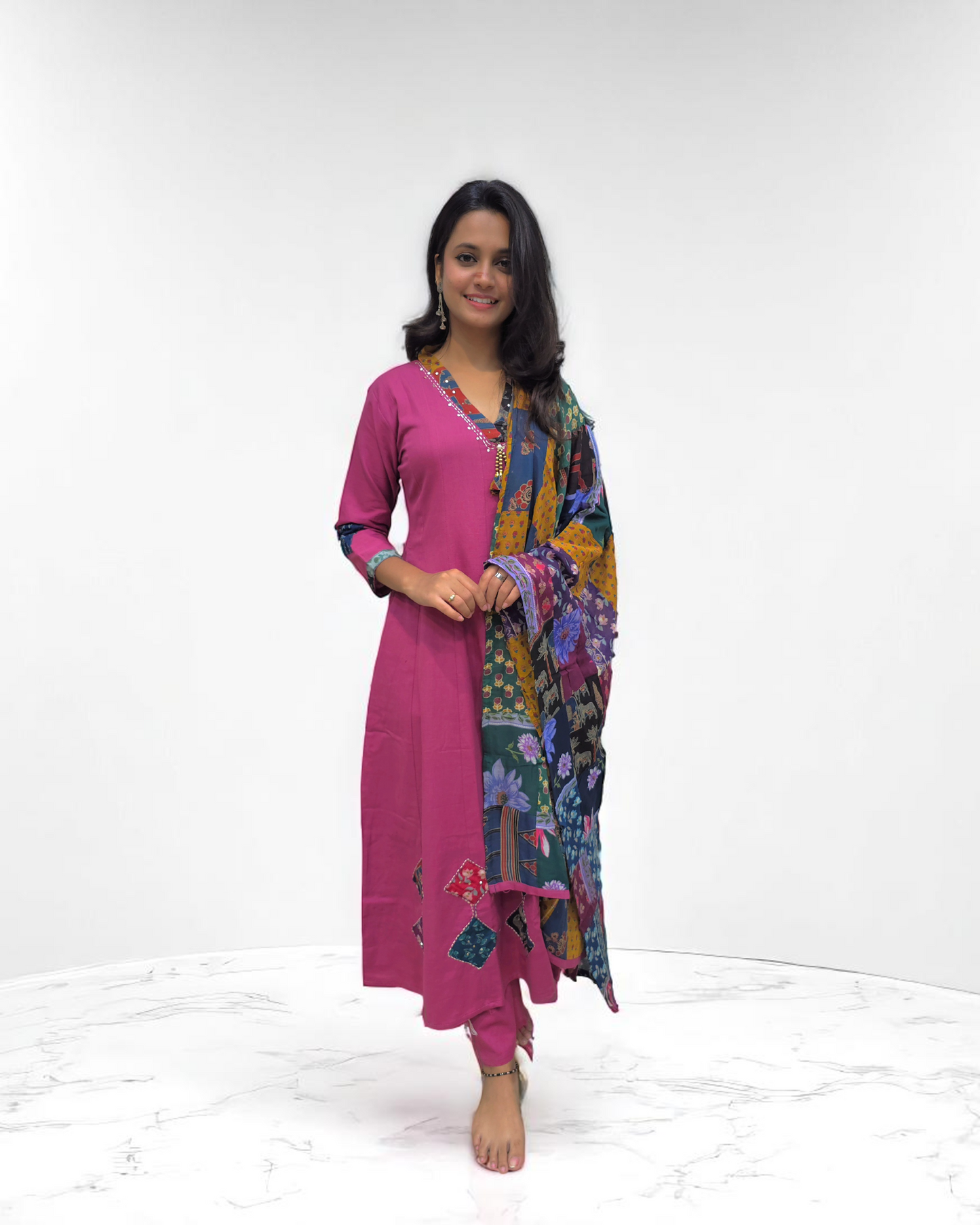 Anarkali Suit Patch Work - Pink