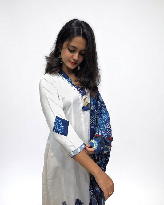 Anarkali Suit Patch Work - White