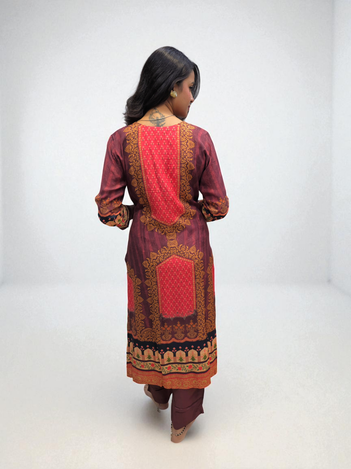 Back View Woman wearing maroon and red printed kurti set with dupatta – traditional ethnic wear for festive occasions from Ambika Boutique