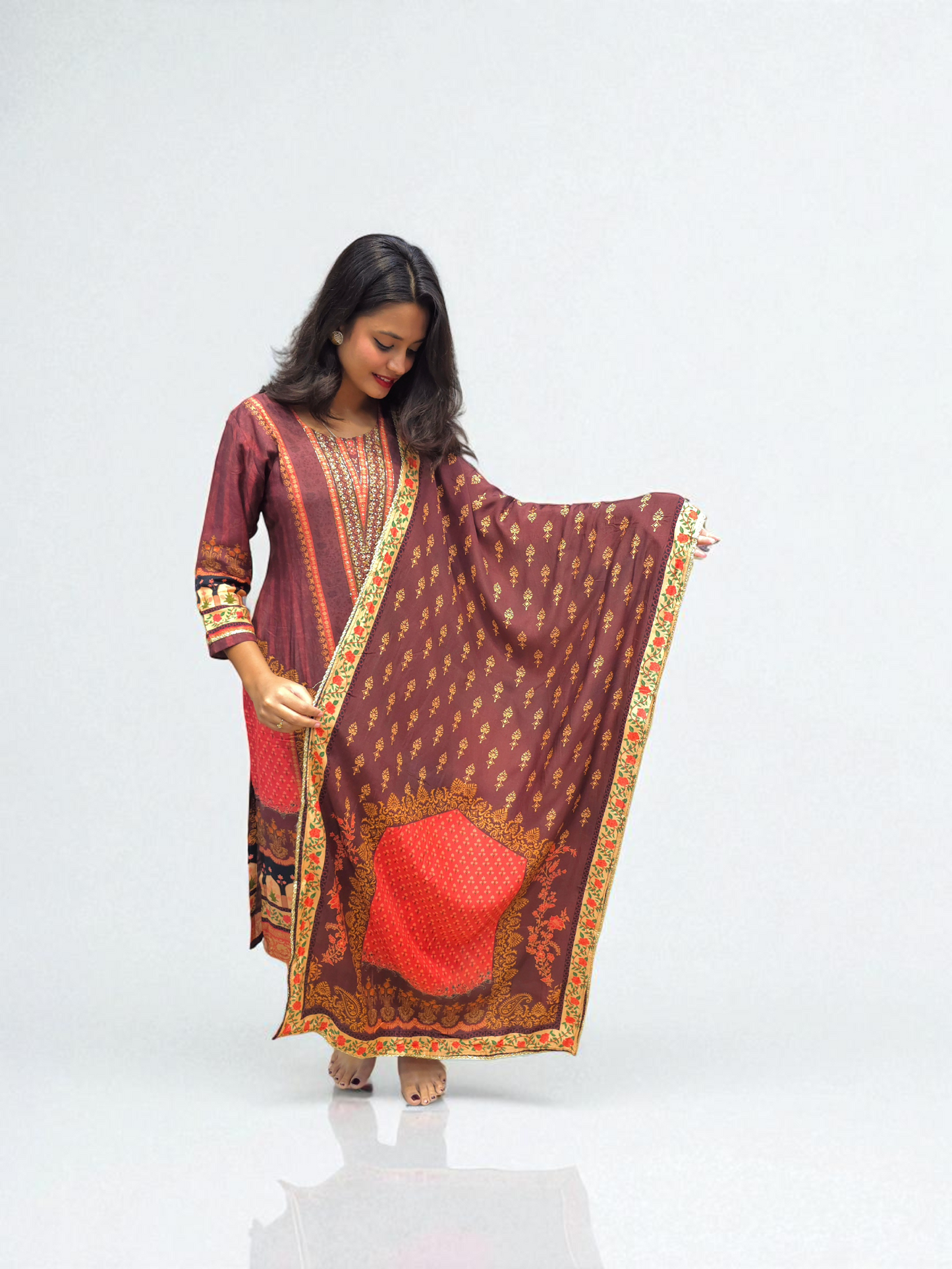 Front View of Traditional Indian maroon and red set for women – designer festive kurti with dupatta from Ambika Boutique