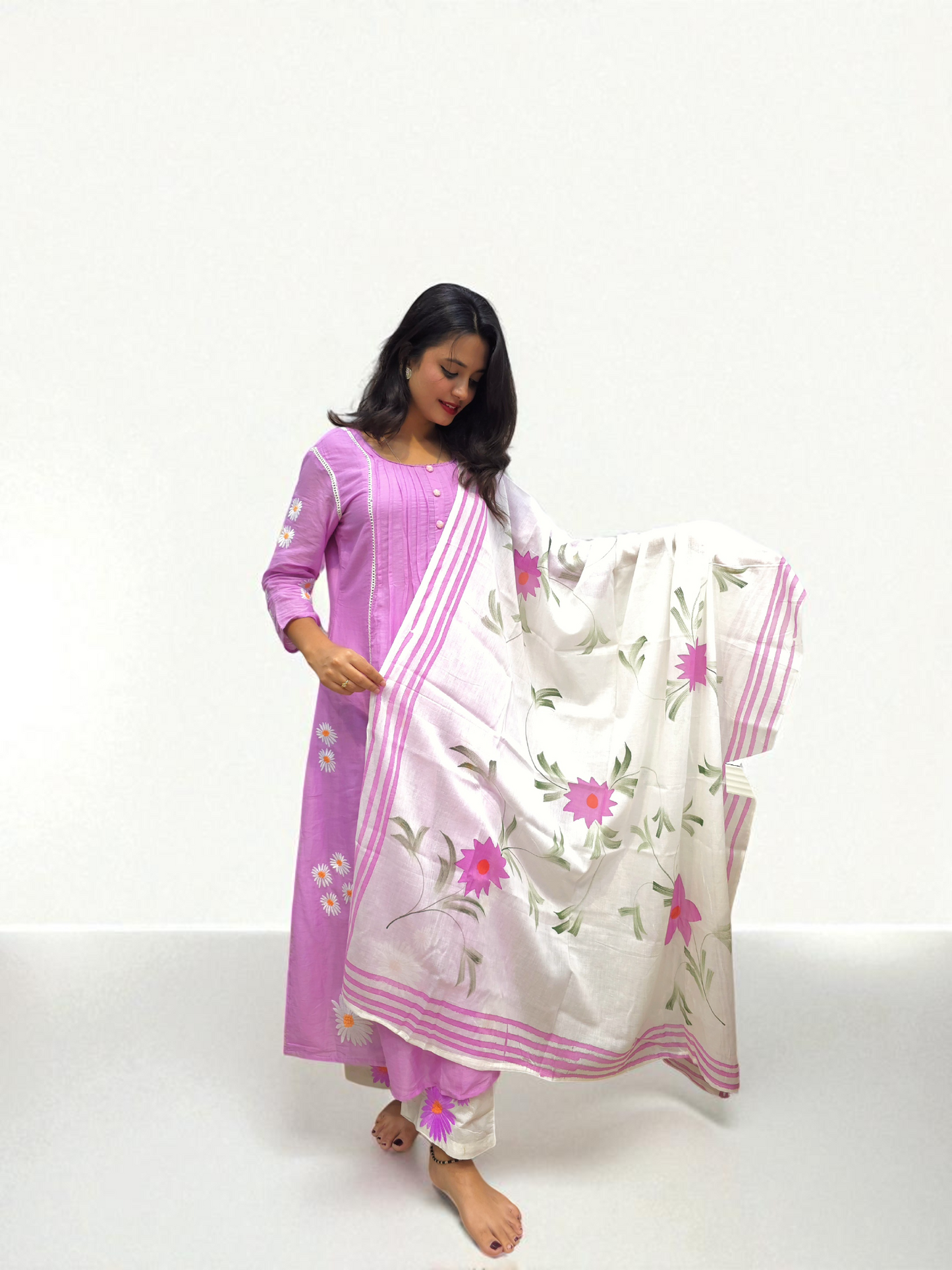front view of Mul-mul cotton kurta set for women with embroidered details and floral printed dupatta – perfect for daily ethnic wear