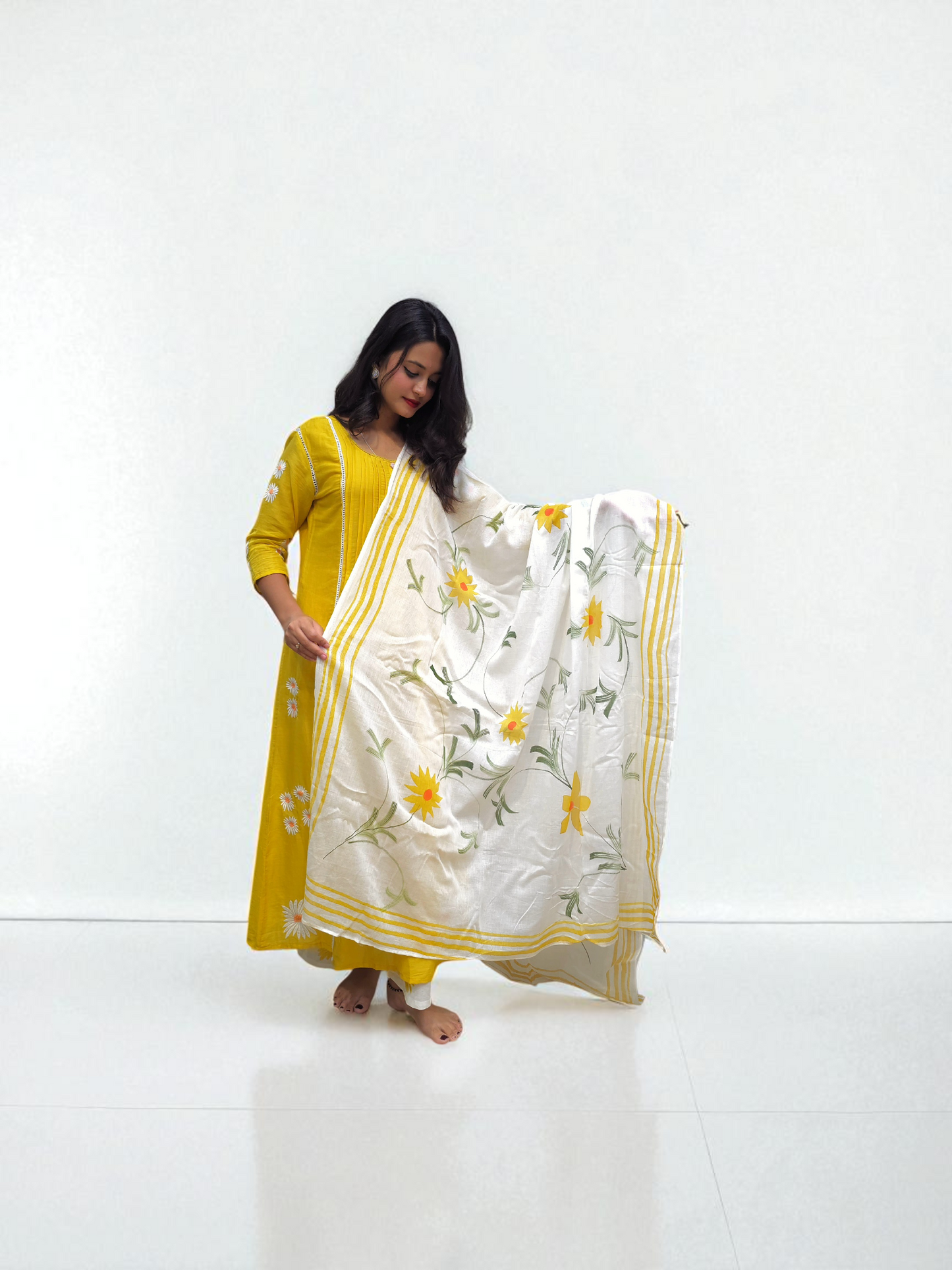 front view of Mul-mul cotton kurta set for women with embroidered details and floral printed dupatta – perfect for daily ethnic wear