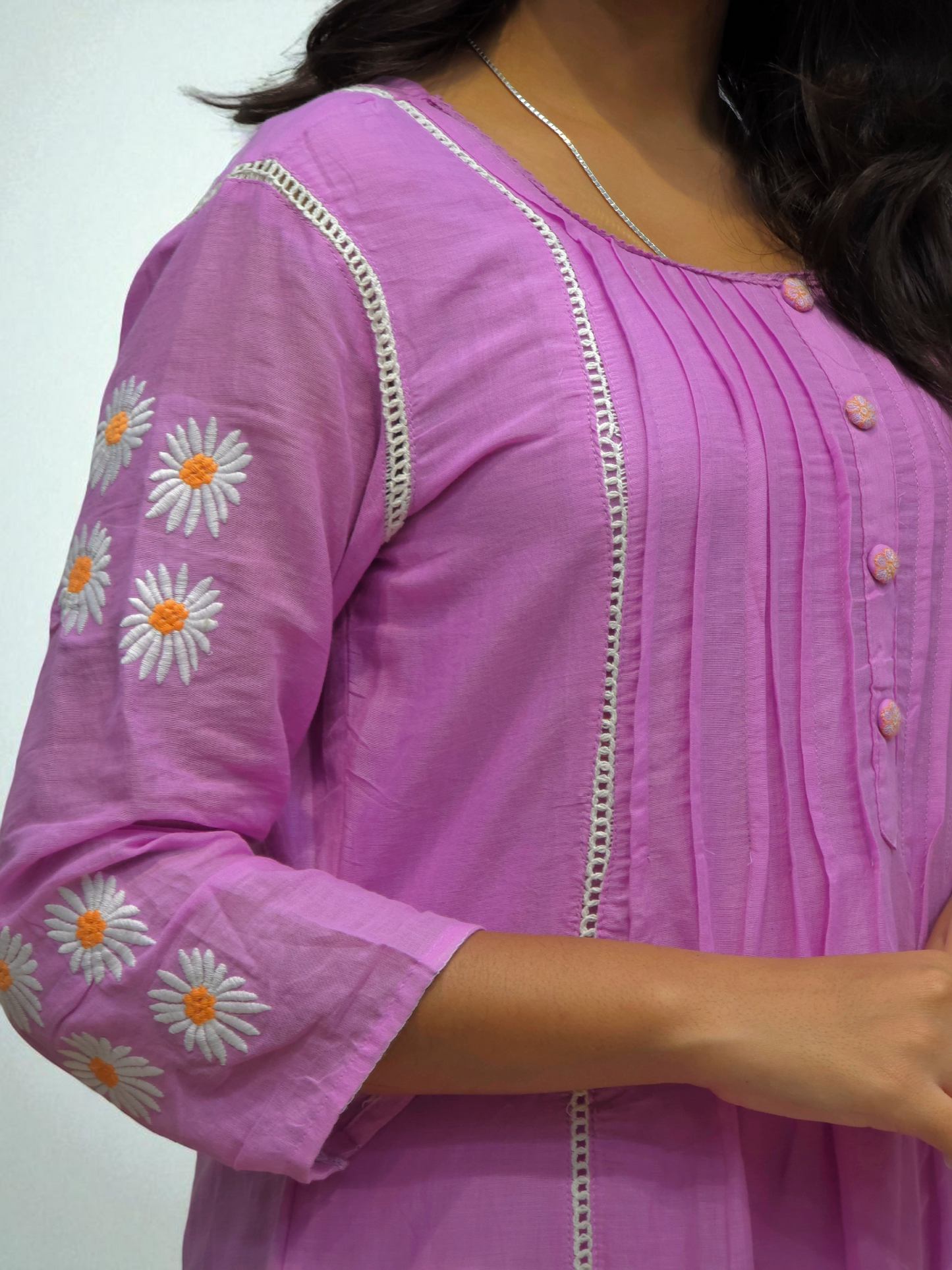 close up view of Mul-mul cotton kurta set for women with embroidered details and floral printed dupatta – perfect for daily ethnic wear