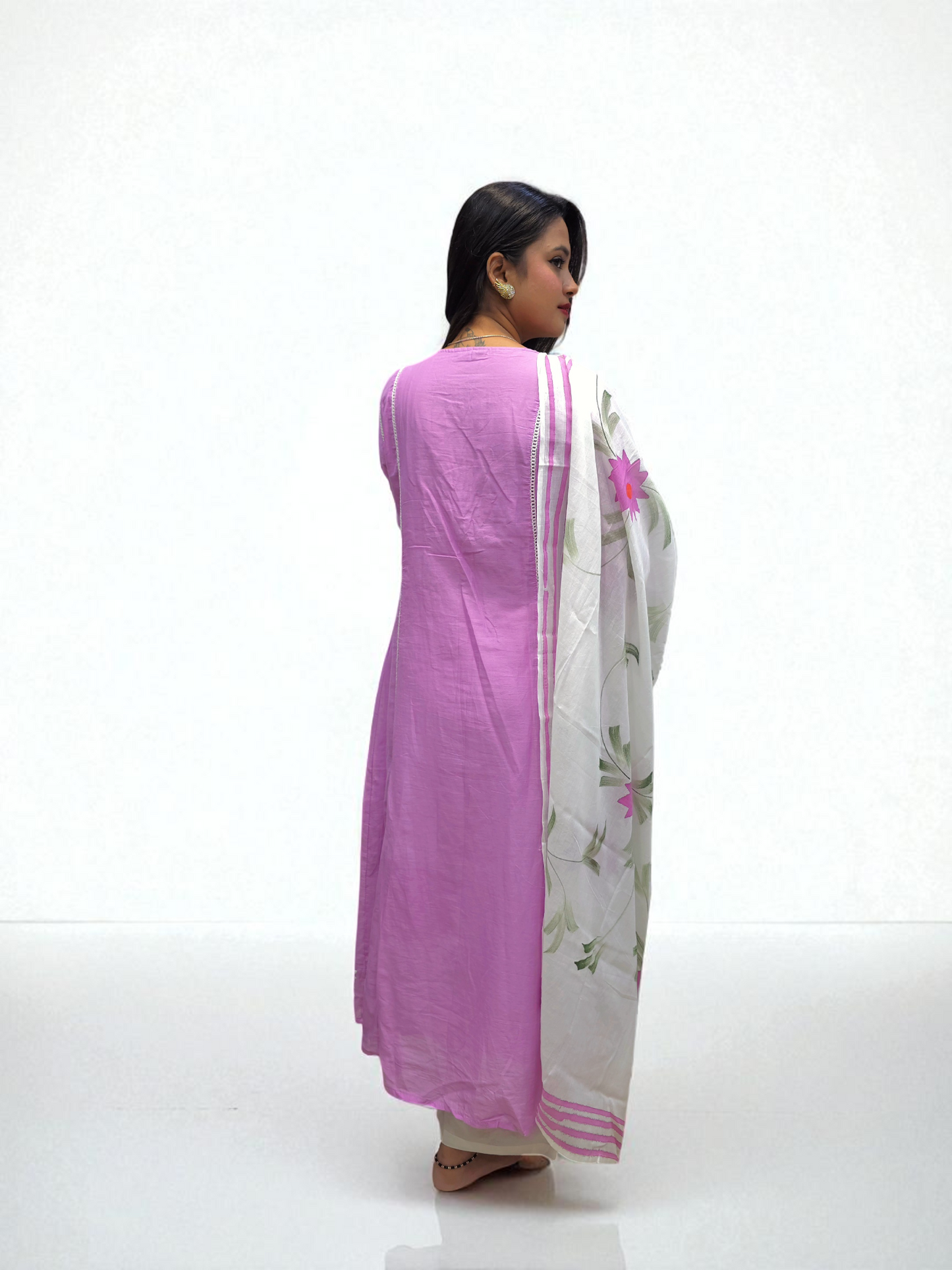Back View of Mul-mul cotton kurta set for women with embroidered details and floral printed dupatta – perfect for daily ethnic wear