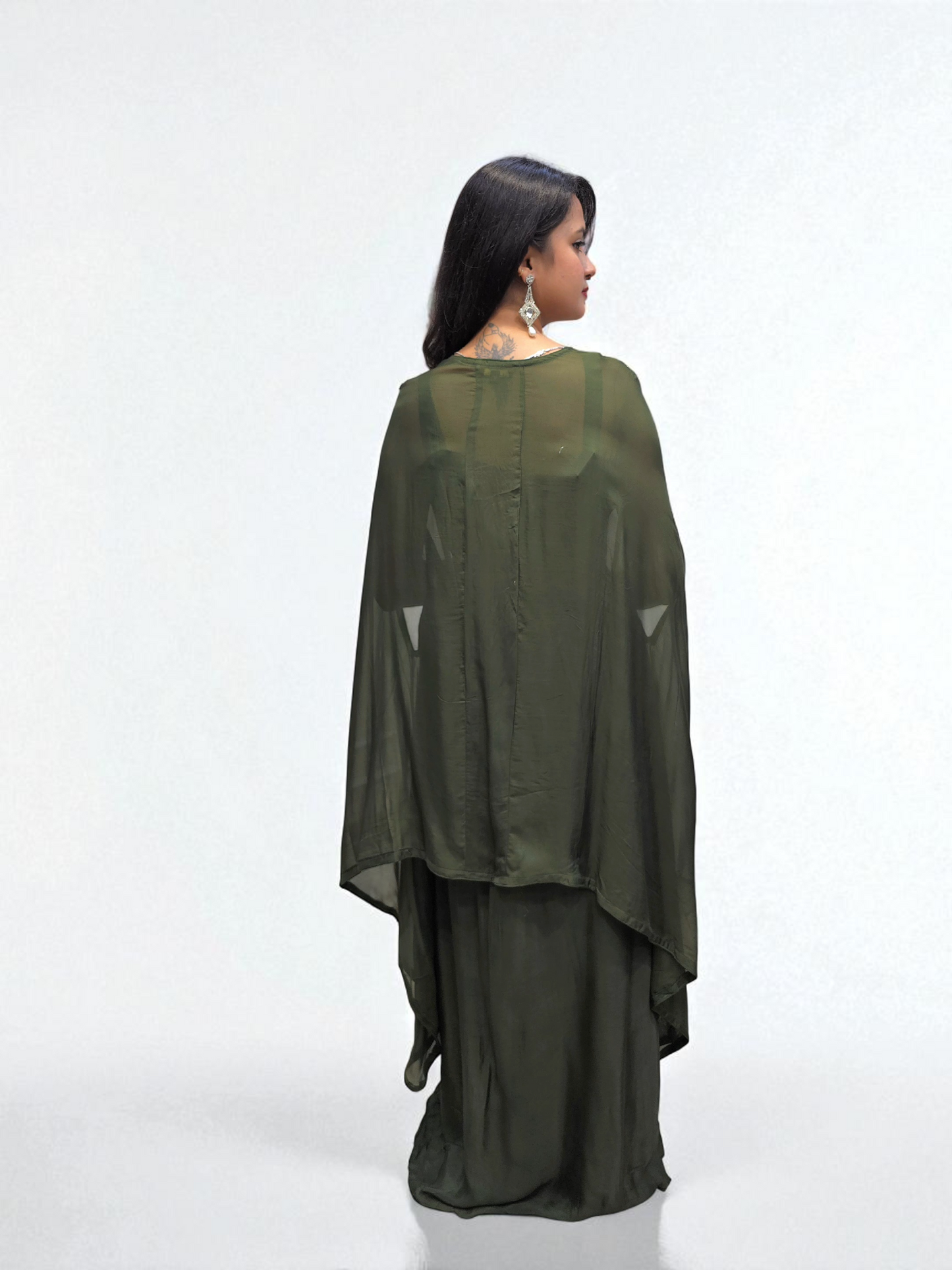 Trendy Indian Outfit for Women – Crop Top, Dhoti Skirt, and Long Shrug Set | Ambika Boutique Designer Collection