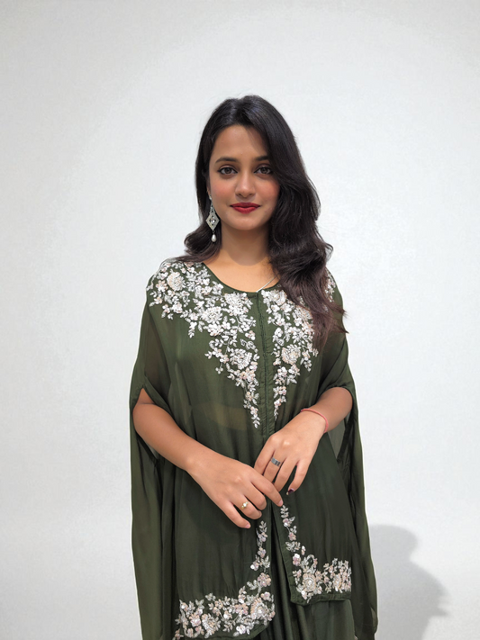 Designer Ethnic Crop Top Dhoti Skirt with Embellished Shrug – Festive Wear for Women by Ambika Boutique