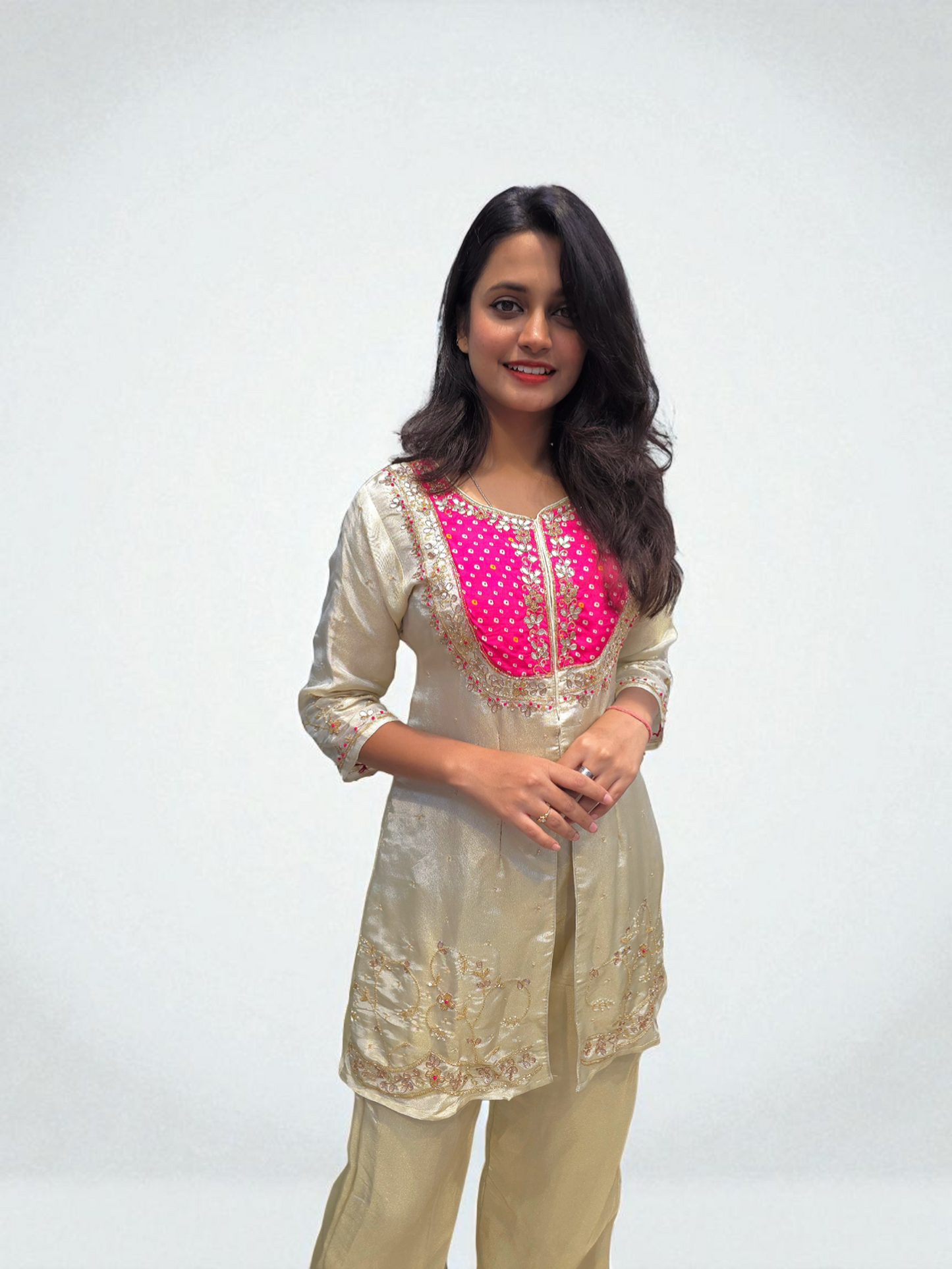 Women’s Cream and Pink Designer Kurta Palazzo Set with Hand Embroidery – Ambika Boutique Ethnic Wear