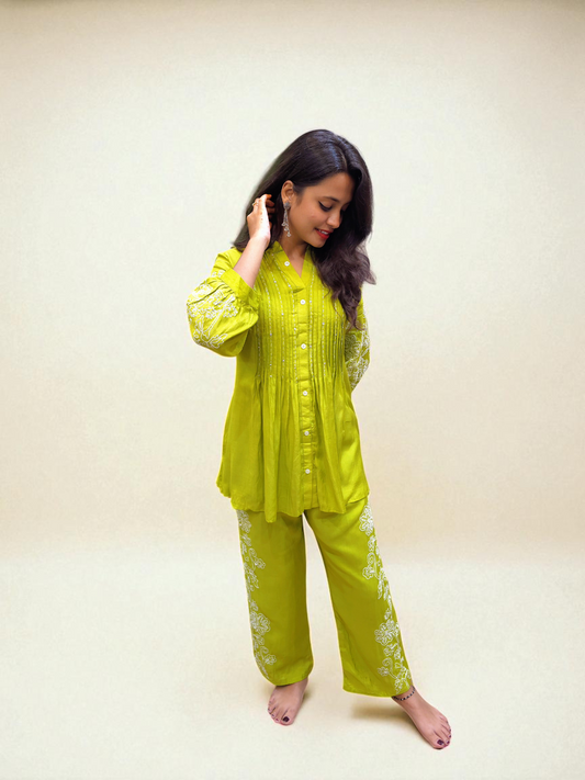 Pure Muslin Embroided Co-ord Set - Green