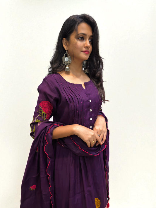 Pure mul chanderi A-line embroidered suit set in purple for women