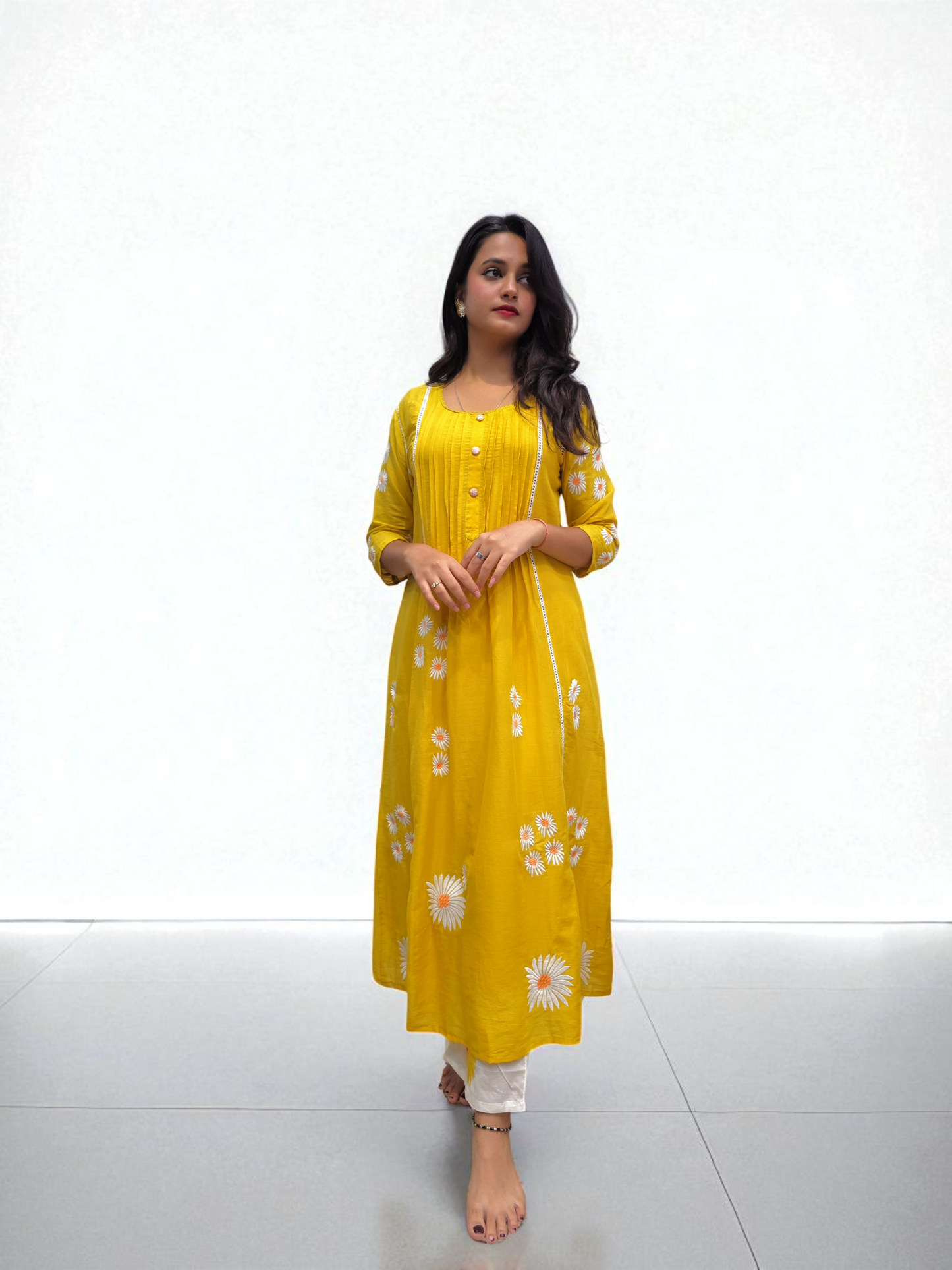 front view of mul-mul cotton kurta set for women with embroidered details and floral printed dupatta – perfect for office wear