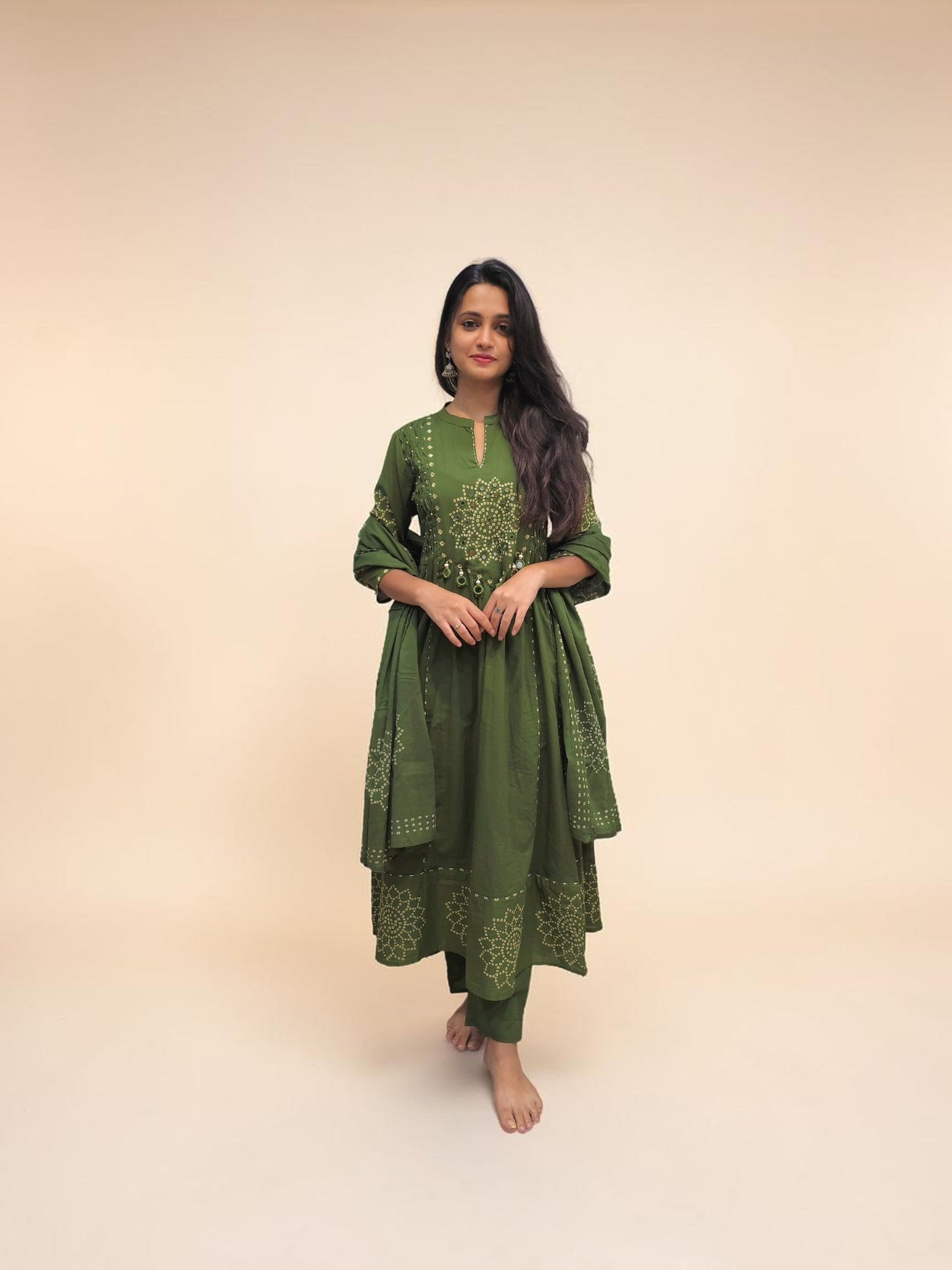 Olive green Bandhani cotton suit set with matching dupatta for women