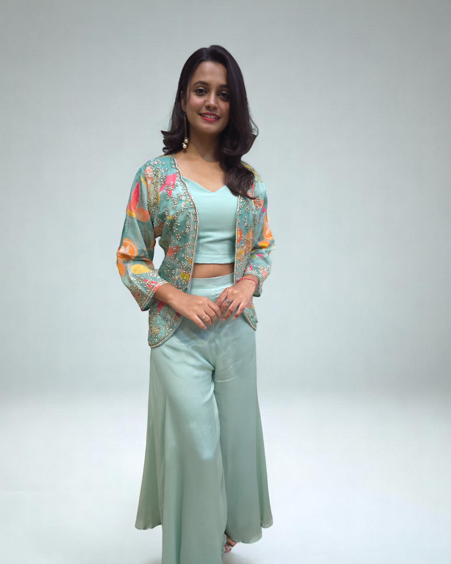 Ethnic chinnon crop top and palazzo set with floral print jacket – festive Indian outfit for women

