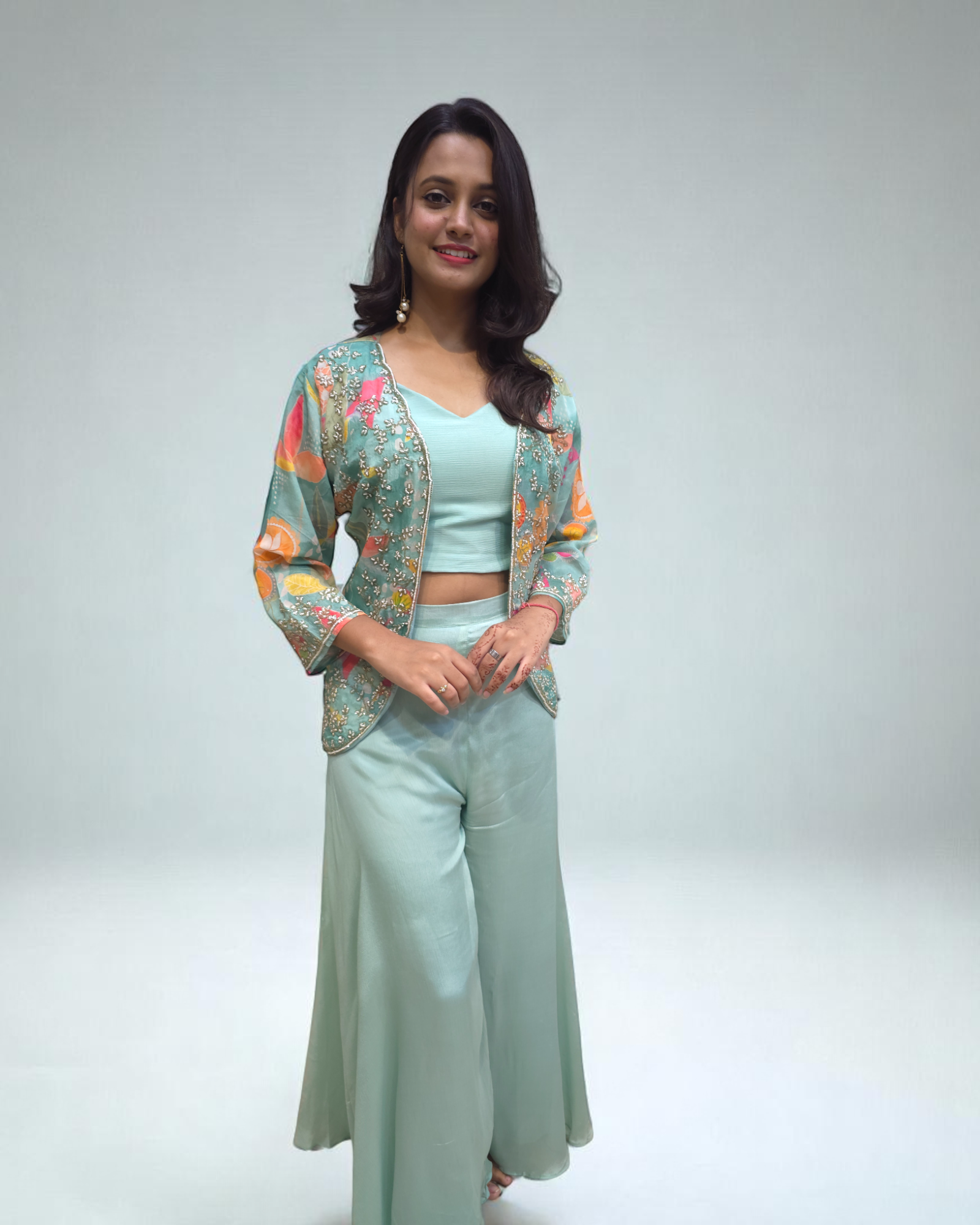Ethnic chinnon crop top and palazzo set with floral print jacket – festive Indian outfit for women

