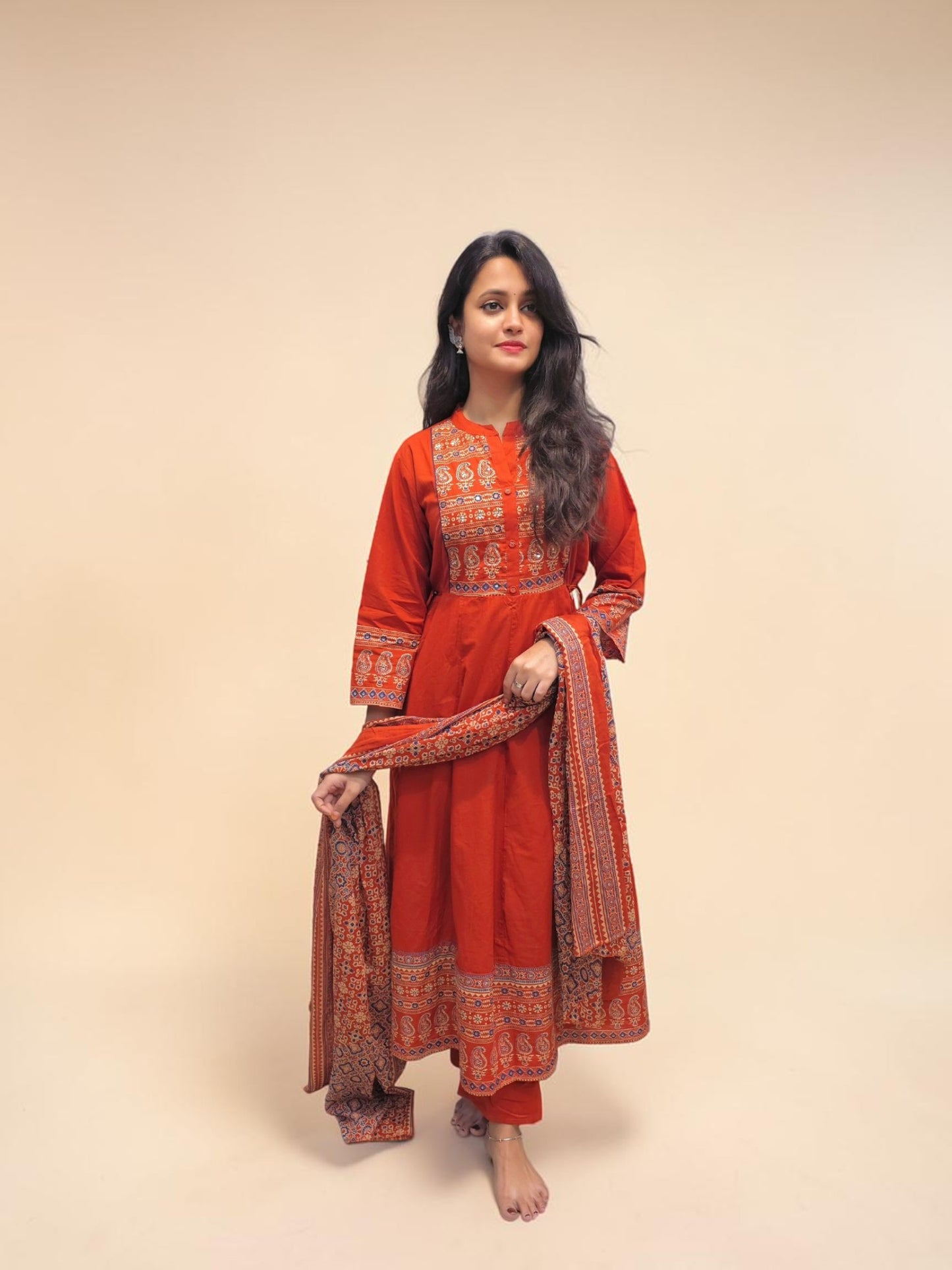 Ajrakh print Anarkali cotton kurta set with dupatta