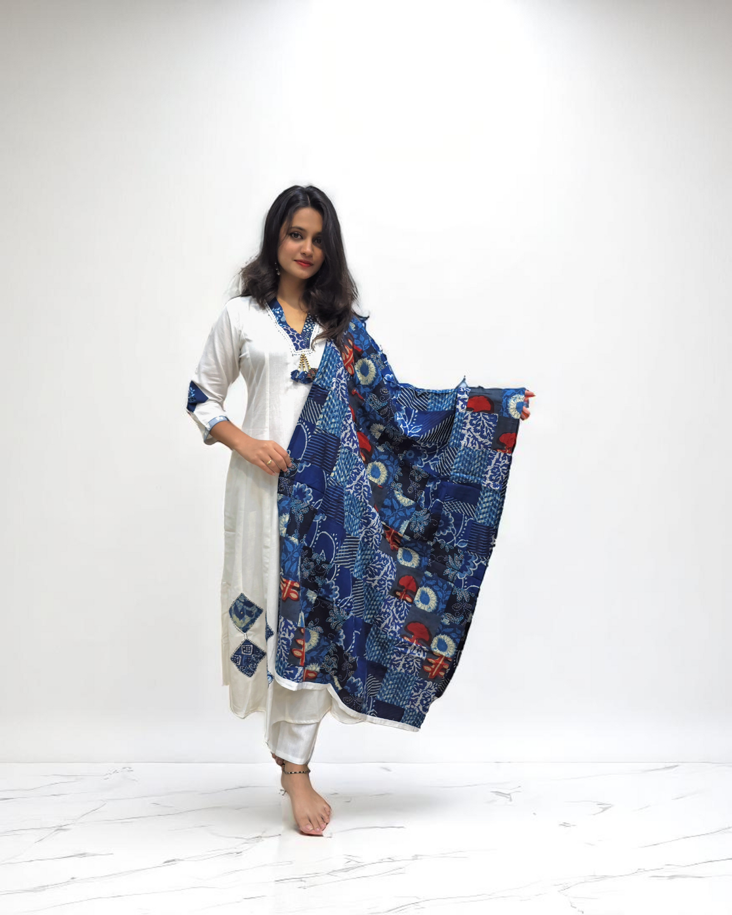 Anarkali Suit Patch Work - White