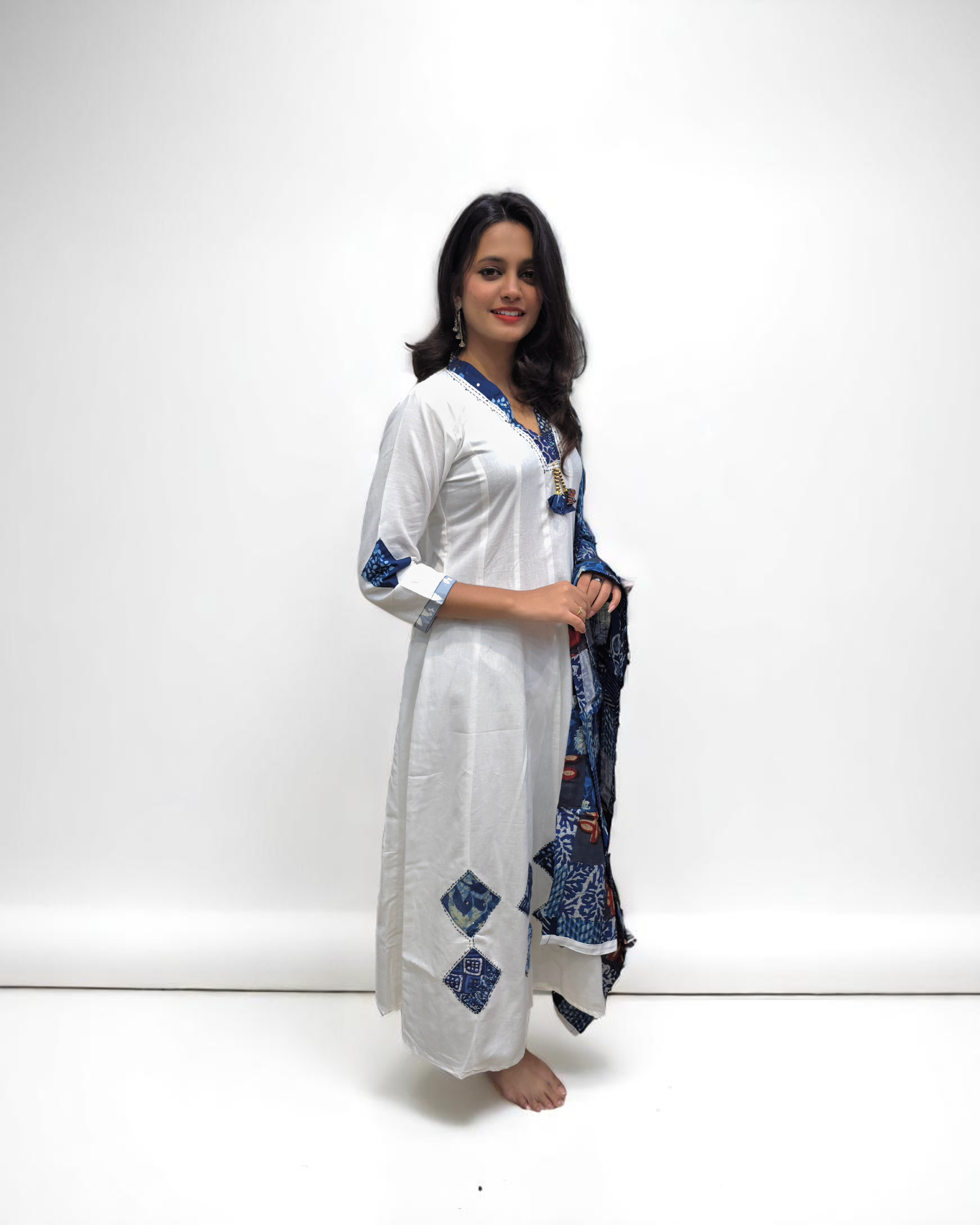 Anarkali Suit Patch Work - White