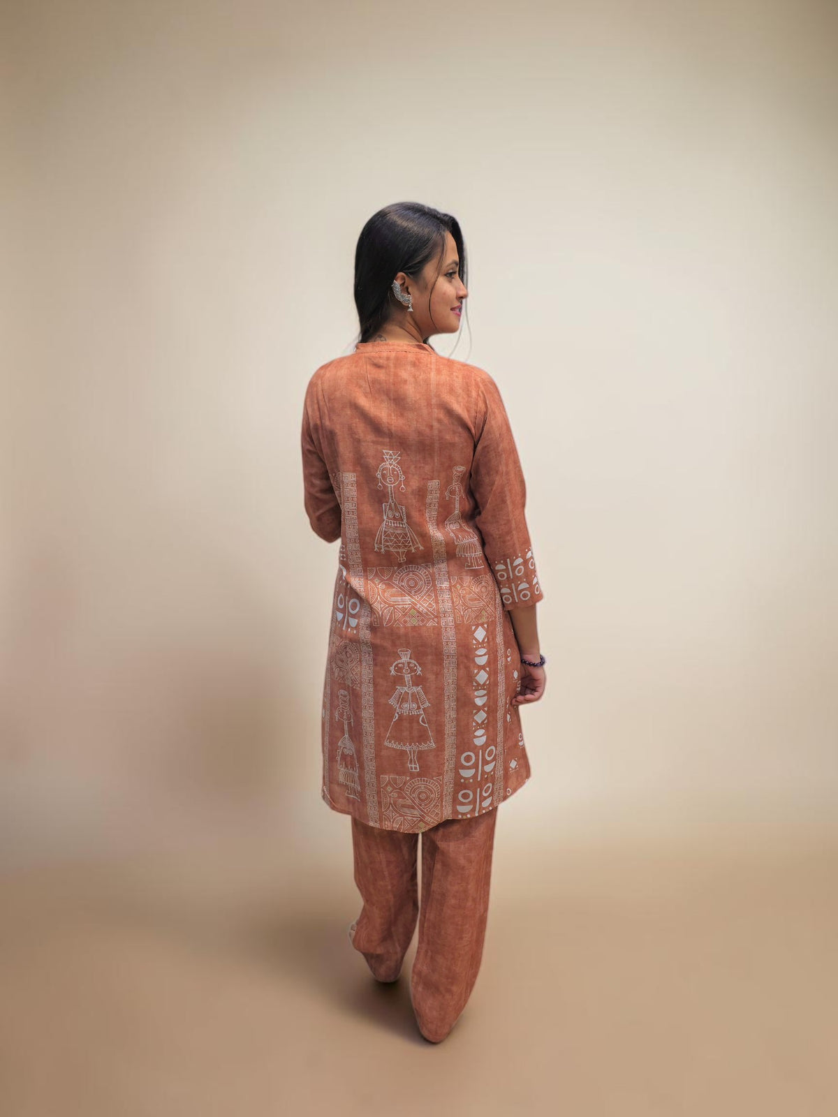 back view of Premium rust brown printed handwork cotton outfit for women