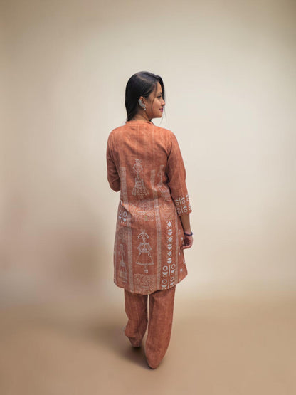 back view of Premium rust brown printed handwork cotton outfit for women