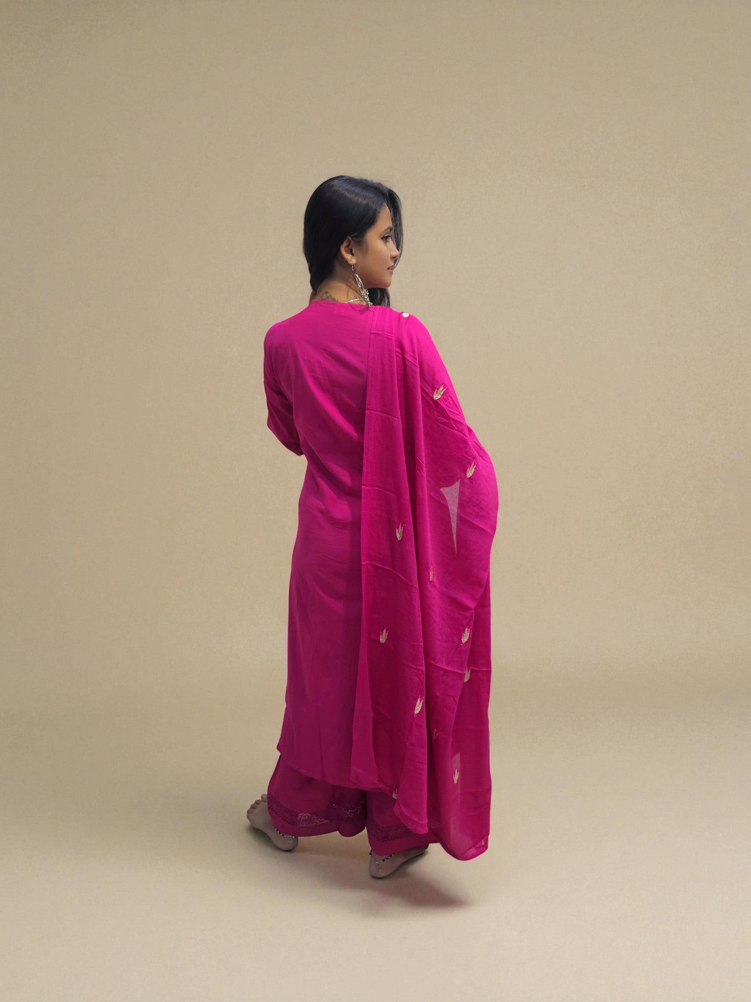 back view of Pink cambric cotton embroidered suit with palazzo – Ambika Boutique